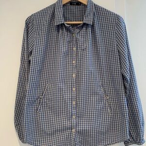 Autre Ton Vintage Blue Cotton Checkered Blouse, side pockets, size 38